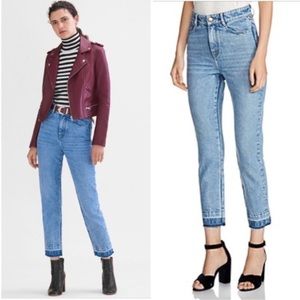 Maje Parazar Blue High Waist Straight Leg Crop Jeans Released Hem Raw Hem Faded